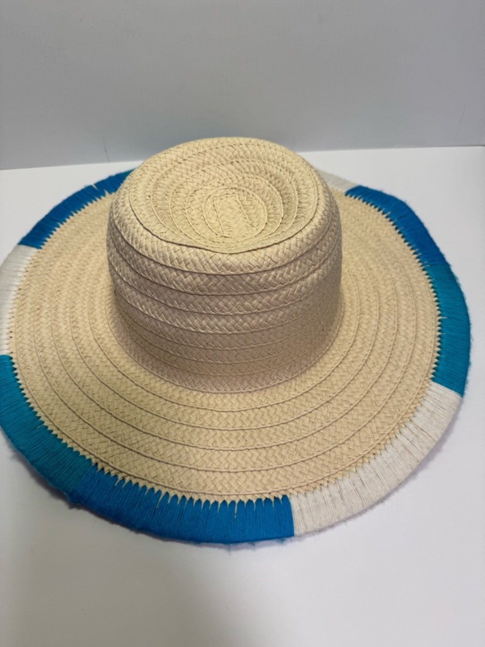 Vince Camuto Wide-Brim Straw Sun Hat with Blue & White Trim - New With Tags